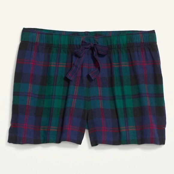 NWT Old Navy Flannel Boxer Pajama Sleep Shorts Green Blue Plaid Women - Picture 1 of 3